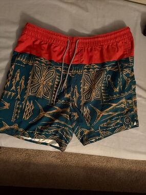 Men's Teal Swim Trunks with Red Waistband - Fish Print